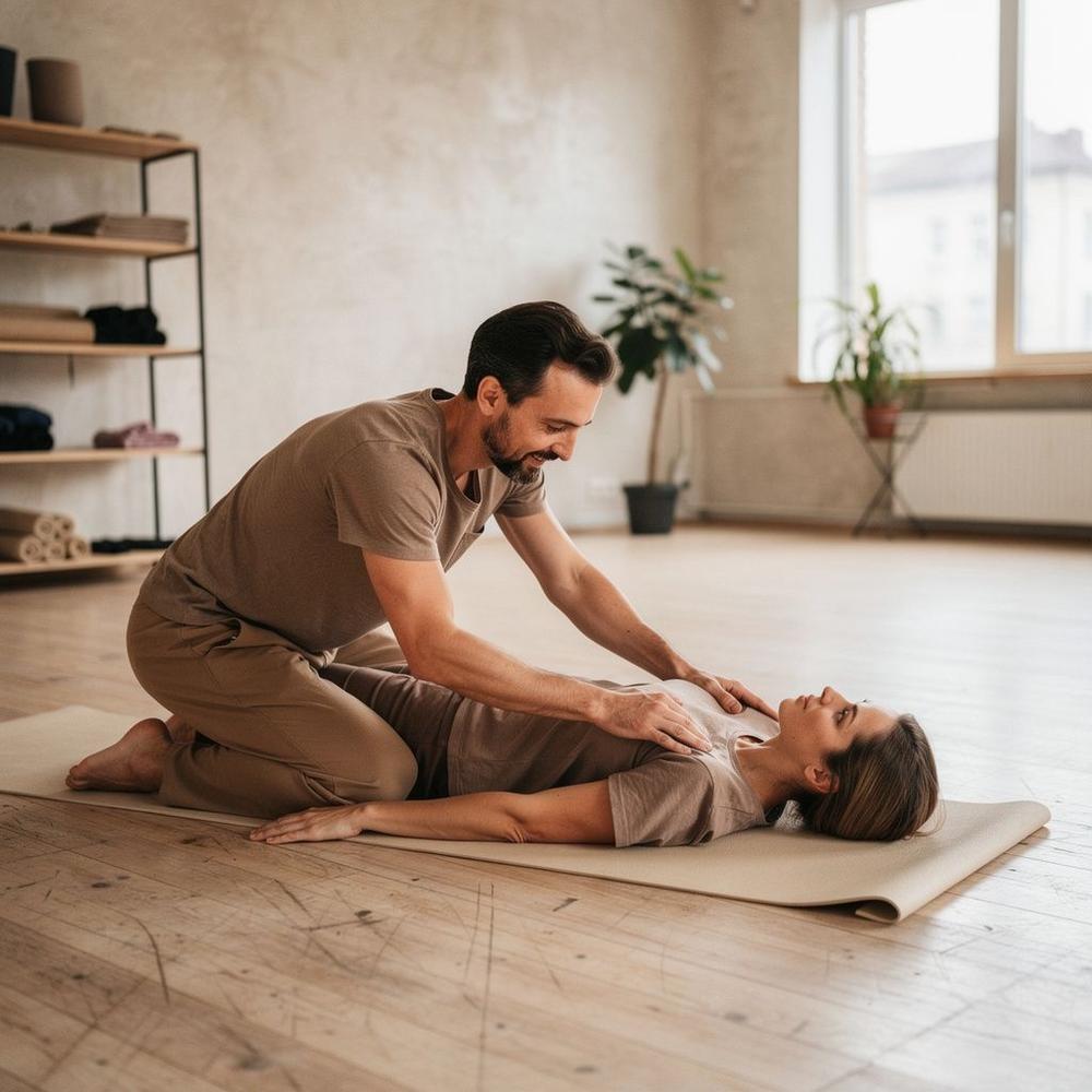 Instructor guiding a beginner student's shoulder position on a mat
