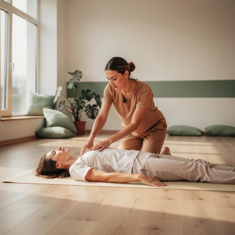 Instructor kneeling beside a beginner student and adjusting the angle of her shoulders during a floor exercise
